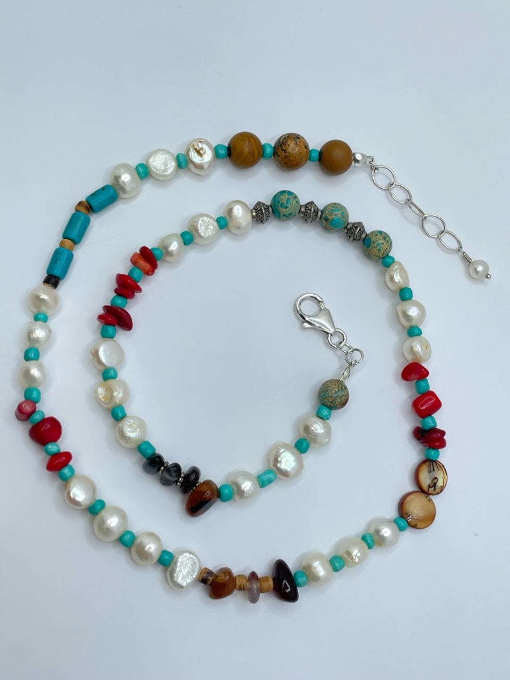 Freshwater Pearl Coral Turquoise Agate Jasper Beaded Necklace Sterling Silver